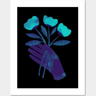 Dark purple blue hand with turquoise flowers for you on black Posters and Art